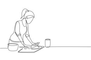 Single one line drawing young woman making cookie dough using rolling pin at kitchen table. Making bakery and homemade pizza at home. Modern continuous line draw design graphic vector illustration