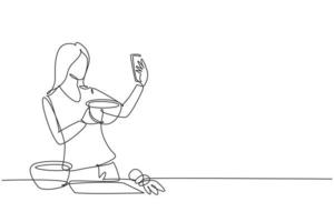 Continuous one line drawing pretty housewife taking selfie or making video call using her smartphone while cooking fresh salad. Healthy food concept. Single line design vector graphic illustration