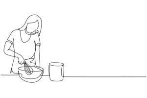 dibujo continuo de una línea, la mujer habla en el teléfono inteligente mientras prepara la cena mientras está de pie en la cocina y amasa la masa de la torta con una batidora manual. Ilustración gráfica de vector de diseño de dibujo de una sola línea