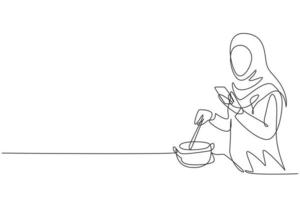 Single one line drawing Arabian woman is cooking while looking at tutorial on smartphone. Learn to cook with modern technology. Prepare food. Continuous line draw design graphic vector illustration