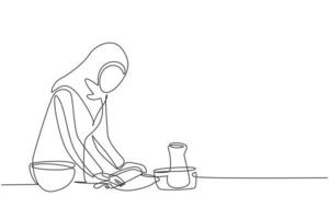 Dibujo de una sola línea mujer árabe haciendo masa para galletas con un rodillo en la acogedora mesa de la cocina. haciendo panadería y pizza casera en casa. Ilustración de vector gráfico de diseño de dibujo de línea continua moderna