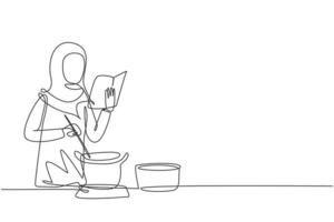 Single continuous line drawing Arabian woman cooking while reading book she is holding. Healthy food lifestyle concept. Cooking at home. Prepare food. One line draw graphic design vector illustration