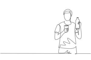 Single continuous line drawing young handsome man holding bottle in one hand and glass of orange juice in the other while having breakfast at home. One line draw graphic design vector illustration