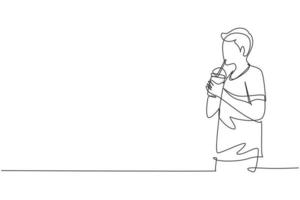 Continuous one line drawing side view of young adult man using straw and drinking smoothie juice from plastic cup. Make him refreshing in summer. Single line draw design vector graphic illustration