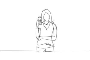 Single one line drawing portrait of happy young beautiful female holding glass of orange juice. Make her refreshing in summer season. Modern continuous line draw design graphic vector illustration