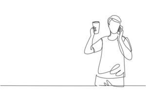 Single continuous line drawing young handsome man drinking orange juice while making phone call with smartphone and having breakfast at home. Dynamic one line draw graphic design vector illustration