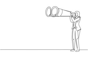 Single continuous line drawing happy young tourist woman looking through big binoculars far ahead. Young lady is traveling with field glasses. Dynamic one line draw graphic design vector illustration