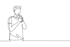 Single continuous line drawing young handsome male hold plastic cup and drinking orange juice with straw. Make him refreshing in summer season. Dynamic one line draw graphic design vector illustration