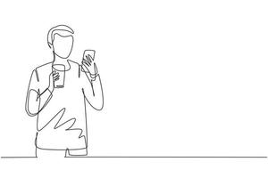 Single one line drawing smiling handsome man looking at mobile phone and holding glass of orange juice while having breakfast at home. Modern continuous line draw design graphic vector illustration