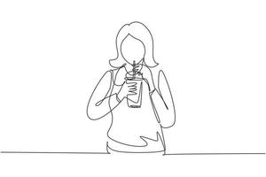Single continuous line drawing beautiful woman hold plastic cup and drink iced green tea with straw. Make her refreshing in summer season. Dynamic one line draw graphic design vector illustration