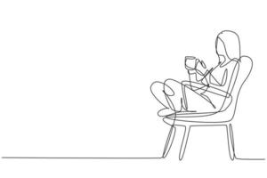 Continuous one line drawing tea time. Relaxed beautiful girl sitting in modern chair, enjoying hot coffee in front of window, side view, free space. Single line draw design vector graphic illustration