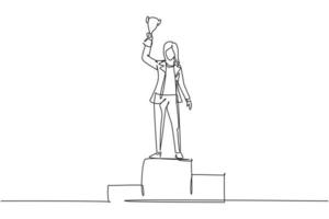 Single continuous line drawing young businesswoman wearing blazer lifting golden trophy with one hand on podium. Celebrating business performance. One line draw graphic design vector illustration