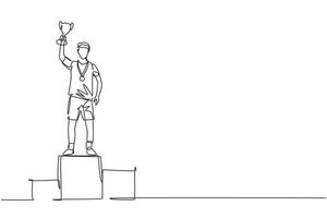 Atleta masculino de dibujo de línea continua única vistiendo camiseta deportiva levantando trofeo dorado con una mano en el podio. celebrando la victoria de la competencia. Ilustración de vector de diseño gráfico de dibujo de una línea