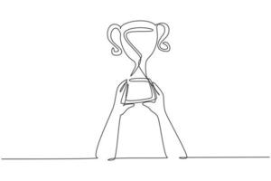 Continuous one line drawing trophy is held by both hands. Symbol of winning championships, matches and sports competitions. Best achievement ever. Single line draw design vector graphic illustration