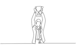 Continuous one line drawing young businessman wearing suit tie holding up golden trophy with both hands. Symbol of achievement business performance. Single line draw design vector graphic illustration