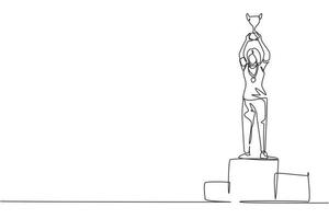 Continuous one line drawing female athlete wearing sports jersey lifting gold trophy with both hands on podium. Celebrating victory of championship. Single line draw design vector graphic illustration