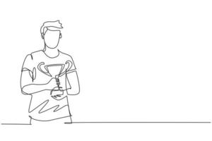 Single one line drawing male athlete wearing sports jersey holding golden trophy with both hands. Celebrating victory of national competition. Continuous line draw design graphic vector illustration