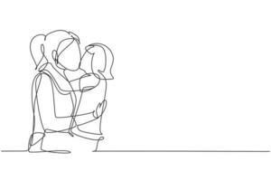 Single continuous line drawing sweet little girl is hugging and kissing her beautiful mom in cheek while sitting on bed at home. Mothers day. Dynamic one line draw graphic design vector illustration