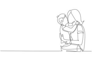 Continuous one line drawing sweet little boy is hugging and kissing his beautiful young mom in cheek while sitting on bed at home. Mothers day. Single line draw design vector graphic illustration