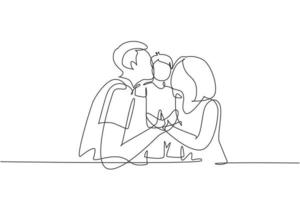 Continuous one line drawing parents kissing their little boy on his cheeks. Adorable child with an innocent expression. National children's day. Single line draw design vector graphic illustration