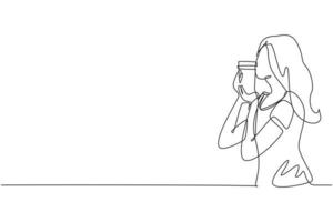 Continuous one line drawing cheerful girl kissing disposable coffee cup or paper cup. Coffee product studio photo session. Coffee addict concept. Single line draw design vector graphic illustration