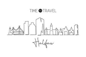 Continuous one line drawing Halifax city skyline, Nova Scotia Canada. Beautiful landmark. World landscape tourism travel wall decor poster print. Stylish single line draw design vector illustration