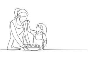 dibujo de una sola línea, la madre alimenta a su pequeña hija con comida y frente a ella hay un tazón lleno de ensalada. cocinando juntos en una acogedora cocina. Ilustración de vector gráfico de diseño de dibujo de línea continua