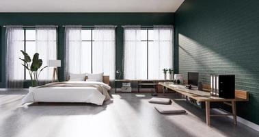 Bedroom interior loft style with frame on green wall brick. 3D rendering photo