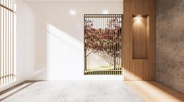 The Empty room japanese style and lamp down light on shelf wall wooden design.3D rendering photo