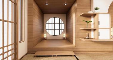 la idea de diseño de madera de la ventana circular de la habitación de Japón y la estera de tatami. Representación 3d foto