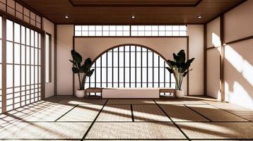 La habitación es espaciosa de diseño de estilo japonés y luminosa en tonos naturales. Representación 3d foto