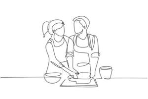Dibujo de línea continua única pareja romántica mirándose mientras se enrolla masa suave durante la preparación de pasteles en la acogedora cocina de casa. Ilustración de vector de diseño gráfico dinámico de una línea