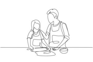 Single one line drawing happy father and daughter wearing apron cook in kitchen. Enjoying kneading cake dough or bakery together at home. Modern continuous line draw design graphic vector illustration