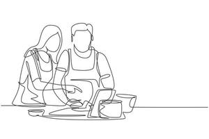 Single one line drawing happy romantic couple cooking together while watching tutorial from tablet. Learn to cook with modern technology. Modern continuous line draw design graphic vector illustration