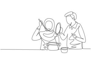 Continuous one line drawing Arabian husband holding pan lid and his beautiful wife tasting food using cooking spoon. Cooking together in kitchen. Single line draw design vector graphic illustration