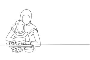 Single continuous line drawing Arabian mother teaching her little daughter to cut vegetables and fruit. Healthy food at home. Happy family in kitchen. One line draw graphic design vector illustration