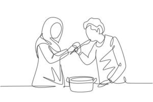 Single continuous line drawing Arab husband tasting food given by his young beautiful wife. Cooking for lunch together in cozy kitchen at home. Dynamic one line draw graphic design vector illustration