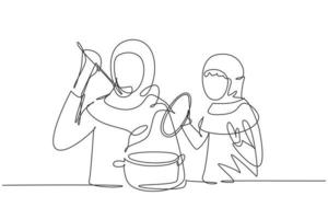 dibujo de una sola línea hija árabe sosteniendo la tapa de la sartén y su hermosa mamá probando comida con una cuchara para cocinar. cocinar juntos en la cocina. Ilustración de vector gráfico de diseño de dibujo de línea continua