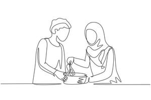 Single one line drawing romantic Arabian couple knead cake dough using manual hand mixer. Enjoying kneading cake dough together at home. Modern continuous line draw design graphic vector illustration