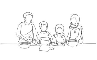 Single one line drawing beautiful young Arabian mom and her cute little daughter are playing and smiling while baking in kitchen at home. Modern continuous line draw design graphic vector illustration