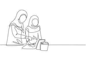 Single continuous line drawing Arabian mother and daughter cooking together while watching tutorial from tablet. Learn to cook with technology. Dynamic one line draw graphic design vector illustration