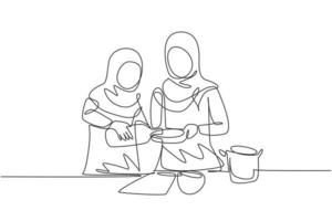 Single continuous line drawing Arabian mother and daughter pour oil into pan which is being held by one of them. Cooking preparation in cozy kitchen. One line draw graphic design vector illustration