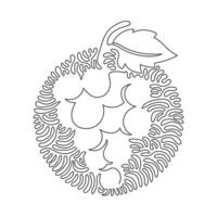 Single one line drawing healthy organic grapes for vineyard logo. Fresh tropical fruitage concept for fruit orchard garden icon. Swirl curl circle background style. Continuous line draw design vector