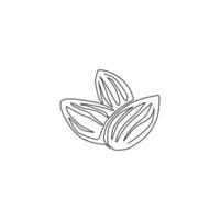 One continuous line drawing of whole healthy organic almonds group for garden logo identity. Fresh edible seed concept for fruit icon. Modern single line draw design graphic vector illustration