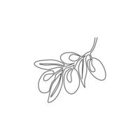 Single continuous line drawing of pile healthy organic olive fruit for orchard logo identity. Fresh core ingredients concept for fruit icon. Modern one line draw design graphic vector illustration