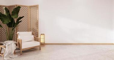 tabique japonés en el interior tropical de la habitación con piso de tatami y pared blanca. Representación 3D foto