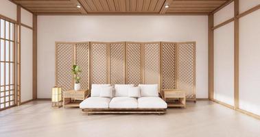 partition japanese on room tropical interior with tatami mat floor and white wall.3D rendering photo