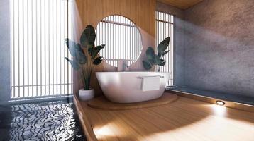 the bathtub in Japanese bathroom has a side pool design room is spacious And light in natural tones. 3D rendering