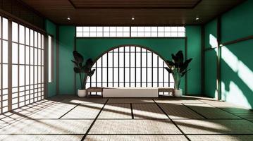 sala de menta es de diseño espacioso de estilo japonés y luz en tonos naturales. Representación 3d foto