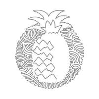 Continuous one line drawing whole healthy pineapple organic for orchard logo. Fresh summer fruitage concept for fruit garden icon. Swirl curl circle background style. Single line draw design vector